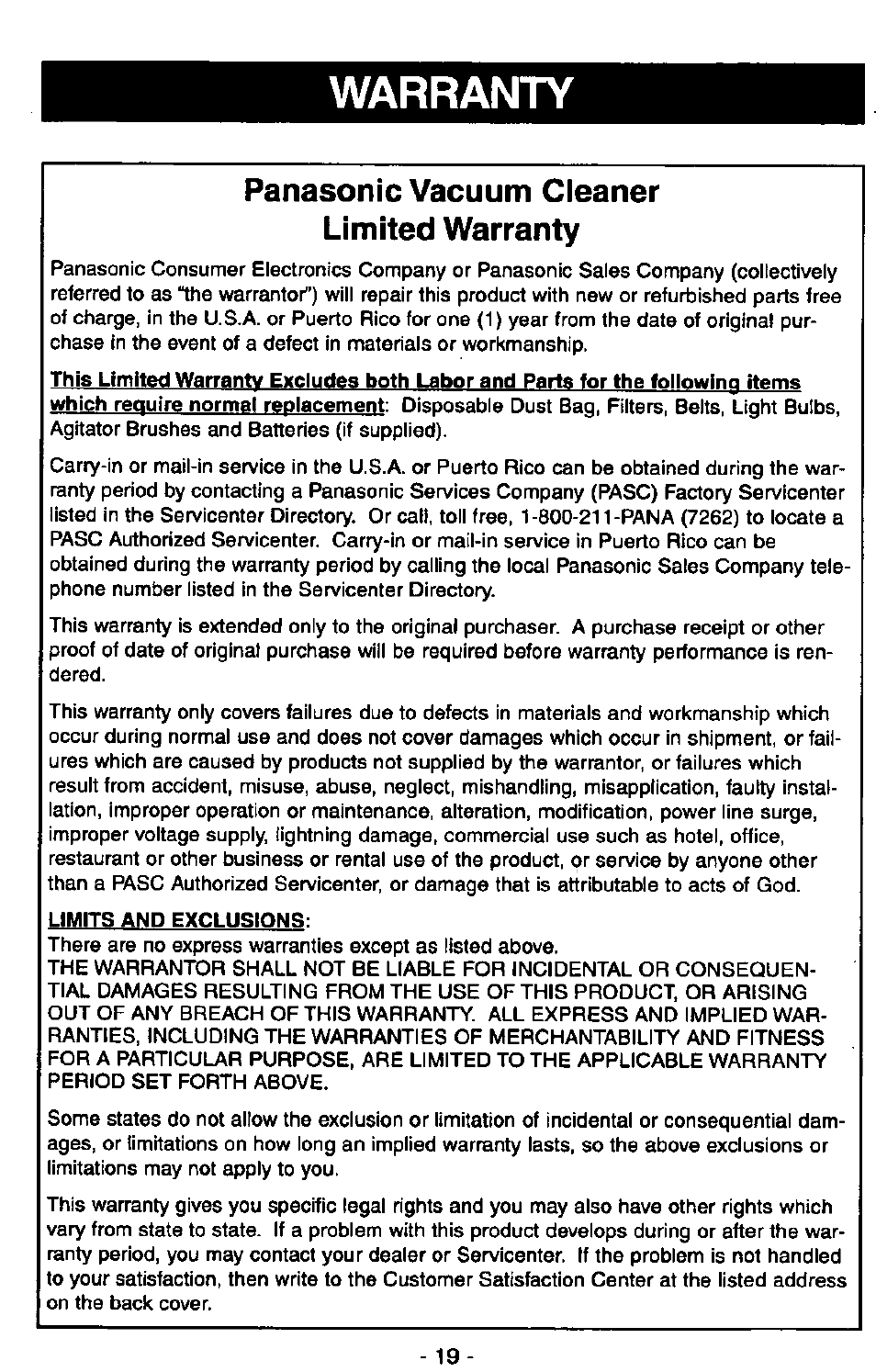 Warranty, Panasonic vacuum cleaner limited warranty | Panasonic MC-V7305 User Manual | Page 19 / 40