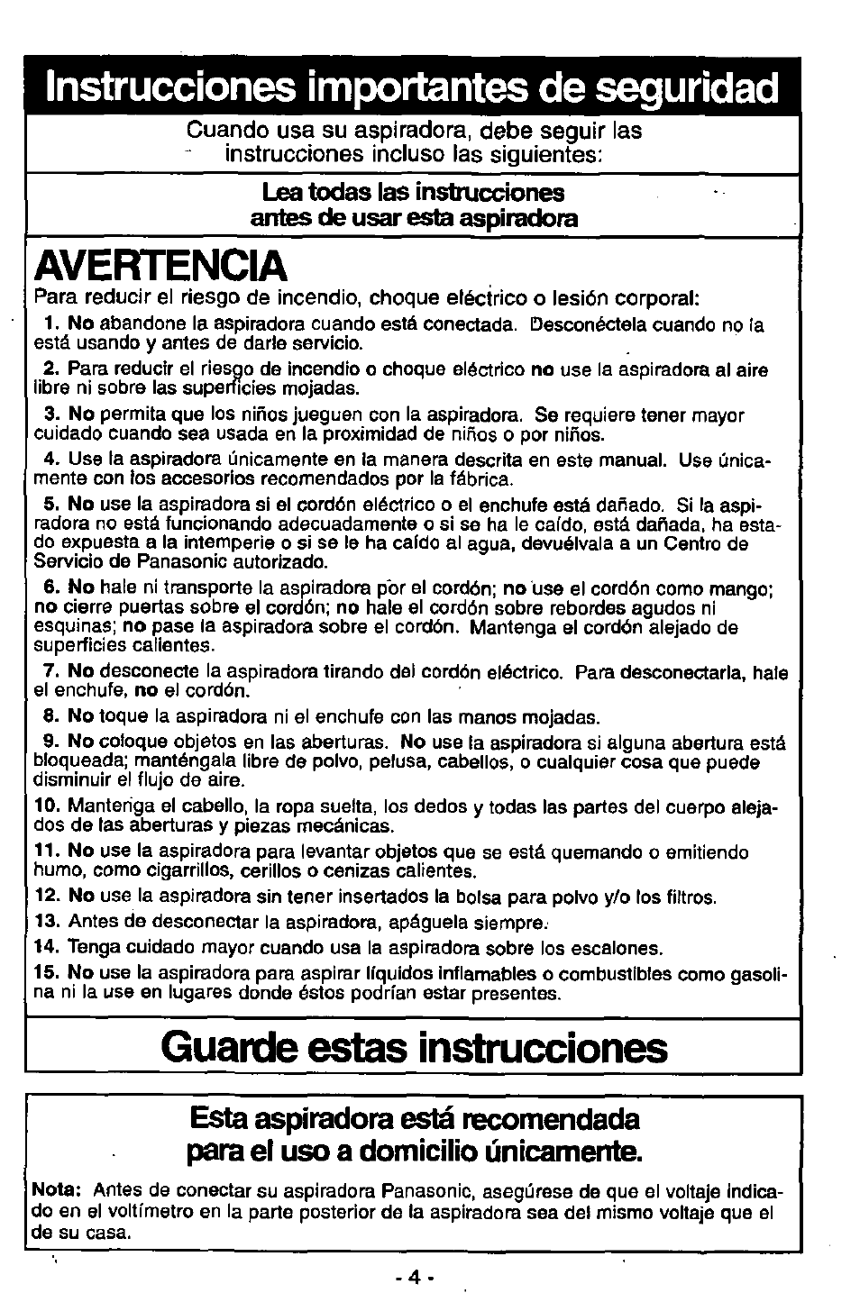 Instrucciones importantes de seguridad, Avertencia, Guarde estas instrucciones | Panasonic MC-V7305 User Manual | Page 24 / 40