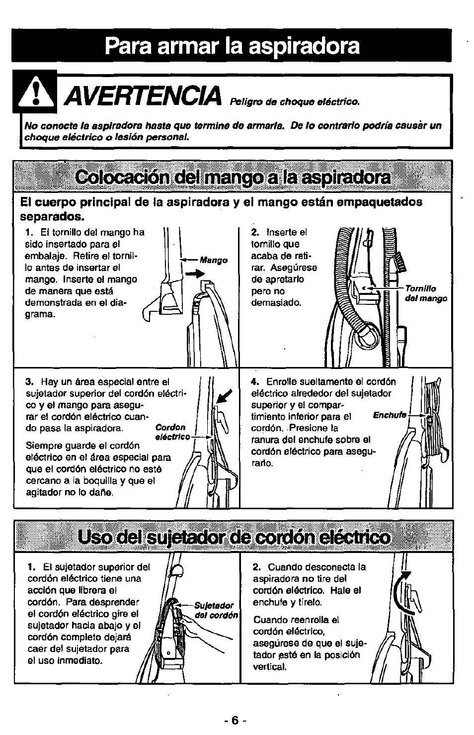 Avertencia, Para armar la aspiradora, Ólica^mcletfmáhgpilláasi | Panasonic MC-V7305 User Manual | Page 26 / 40