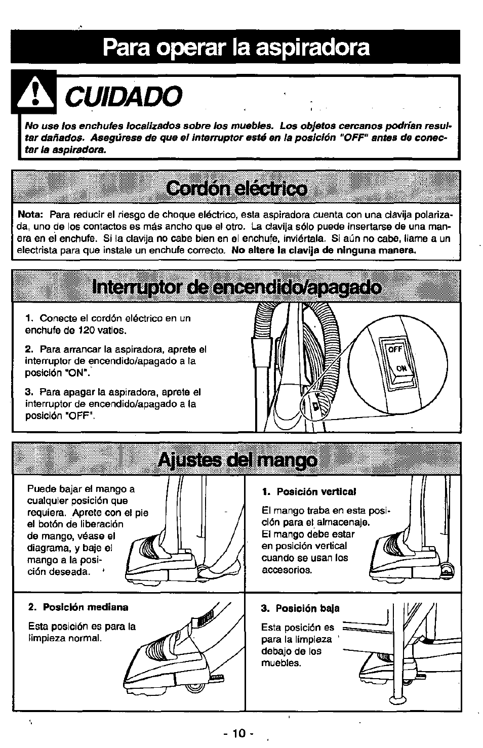 Cuidado, Para operar la aspiradora, N elecinco | Panasonic MC-V7305 User Manual | Page 30 / 40
