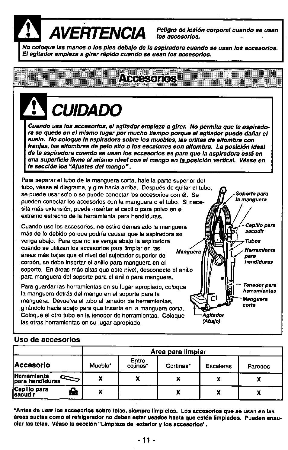 Uso de accesorios, Aavertenoa, Acuidado | Panasonic MC-V7305 User Manual | Page 31 / 40