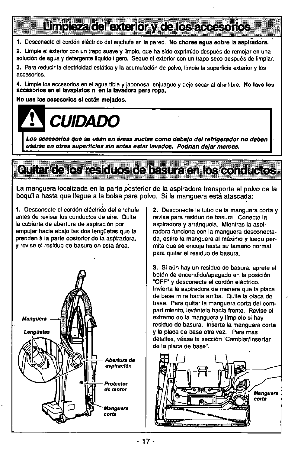 L»«|jmpieiz@elteidtoi^ accesonos, I de los reskbios de basura en los conductos, Quitar de los residuos de basura en los conductos | Acuidado | Panasonic MC-V7305 User Manual | Page 37 / 40