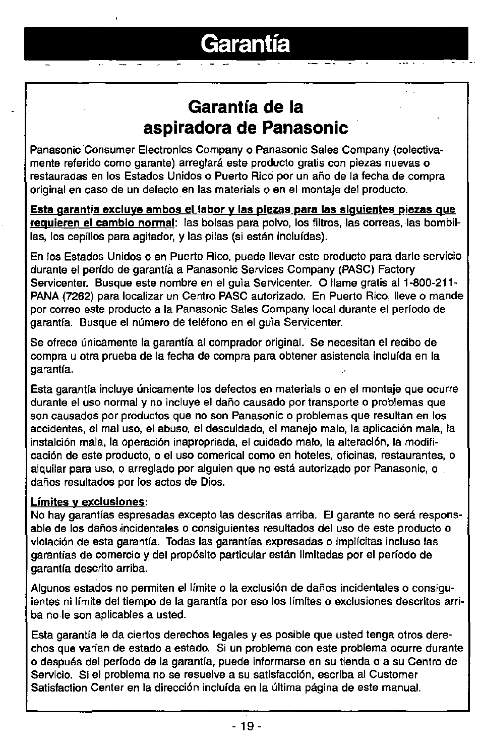 Garantía, Garantía de la aspiradora de panasonic | Panasonic MC-V7305 User Manual | Page 39 / 40