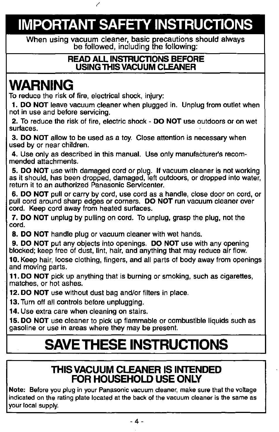 Important safety instructions, Warning, Save these instructions | Panasonic MC-V7305 User Manual | Page 4 / 40
