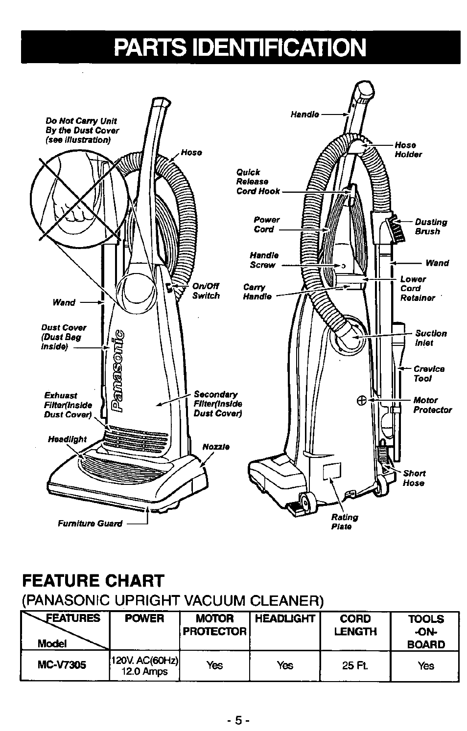 Pafh-s identification, Feature chart, Panasonic upright vacuum cleaner) | Parts identification | Panasonic MC-V7305 User Manual | Page 5 / 40
