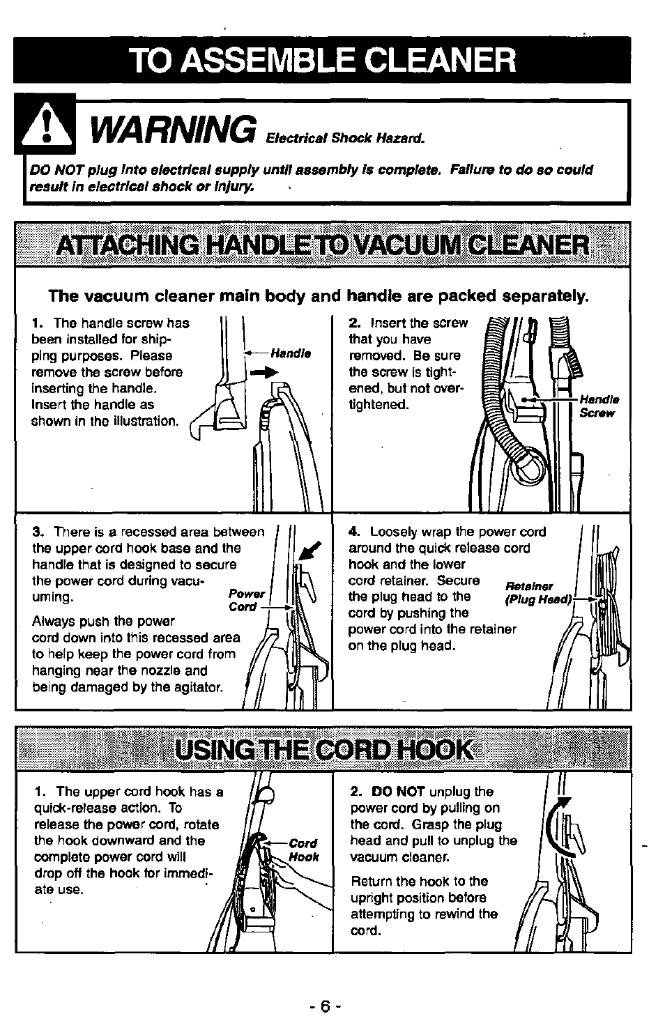 To assemble cleaner, Awarning, Altachinlshandu =to vacuum cleaner | Panasonic MC-V7305 User Manual | Page 6 / 40