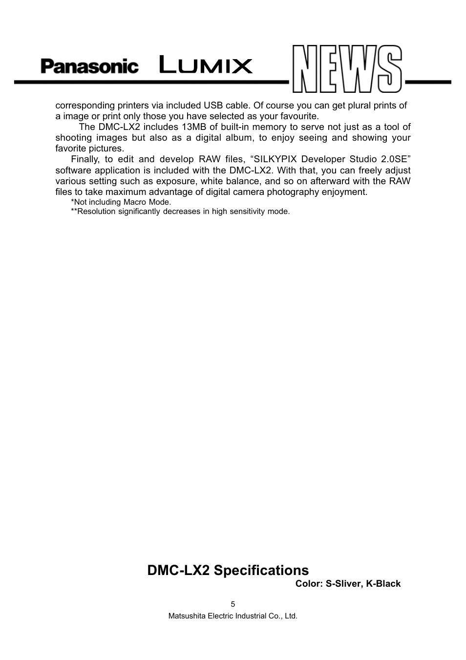 Dmc-lx2 specifications | Panasonic DMC-LX2 User Manual | Page 5 / 8