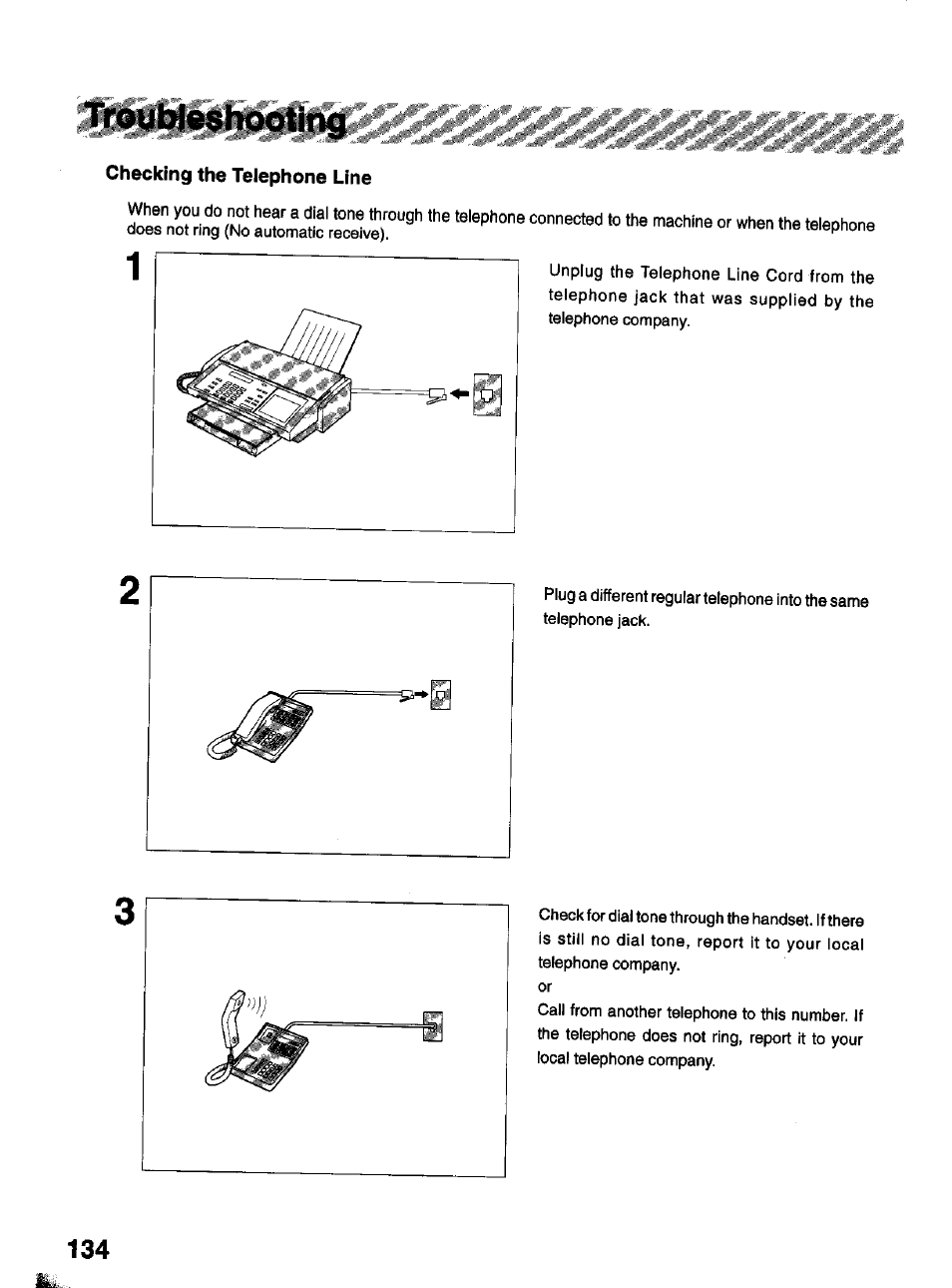 Checking the telephone line, Troubleshoqtíng | Panasonic Panafax UF-322 User Manual | Page 134 / 154