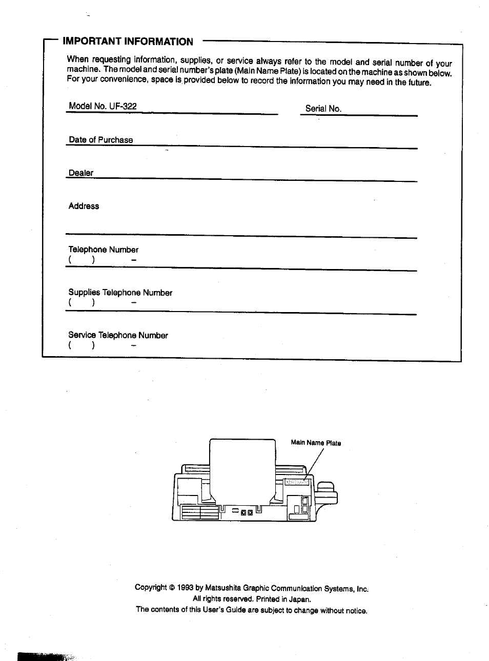 Important information | Panasonic Panafax UF-322 User Manual | Page 2 / 154