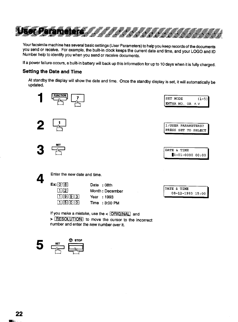 Setting the date and time | Panasonic Panafax UF-322 User Manual | Page 22 / 154