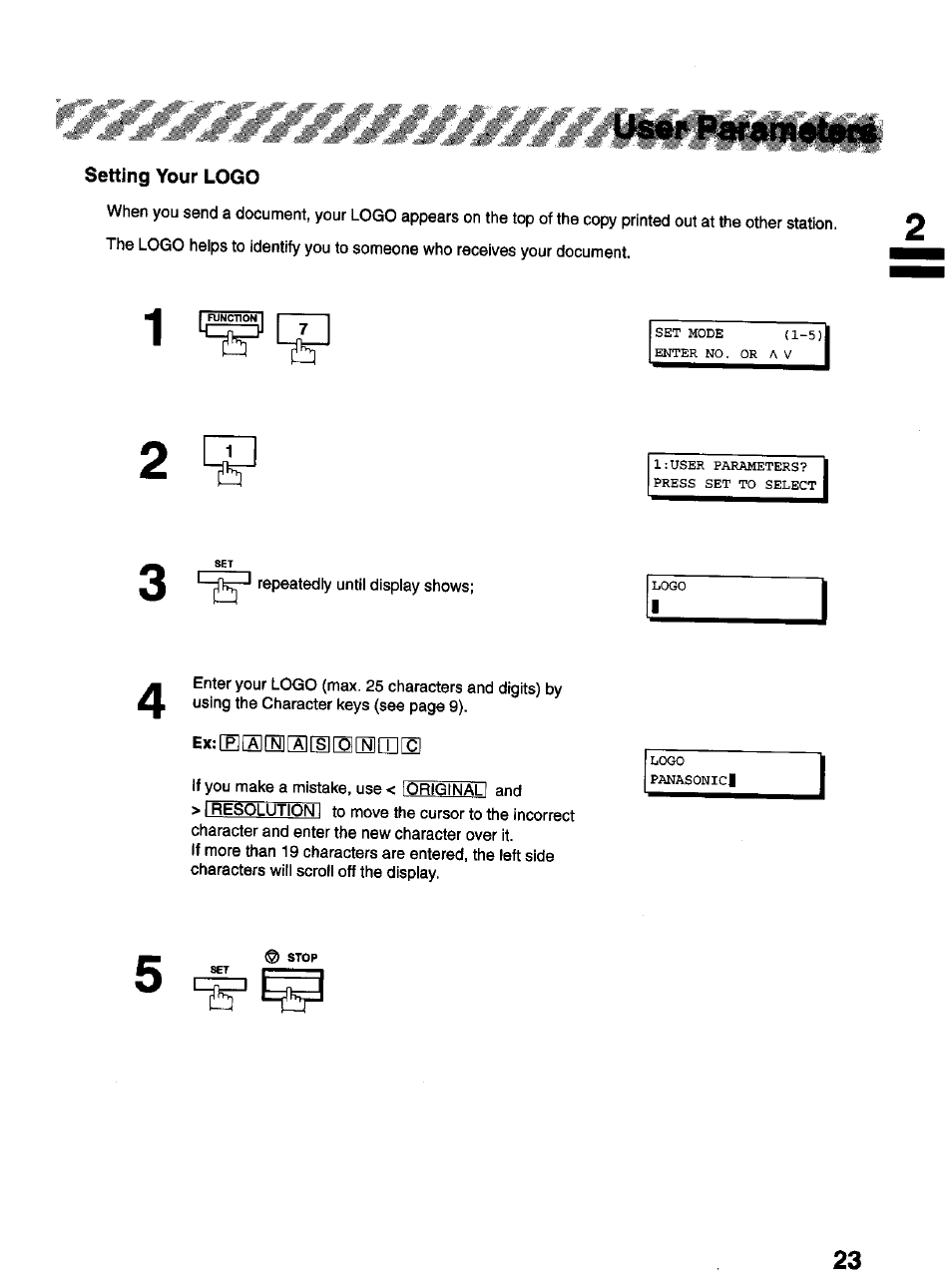 Setting your logo | Panasonic Panafax UF-322 User Manual | Page 23 / 154