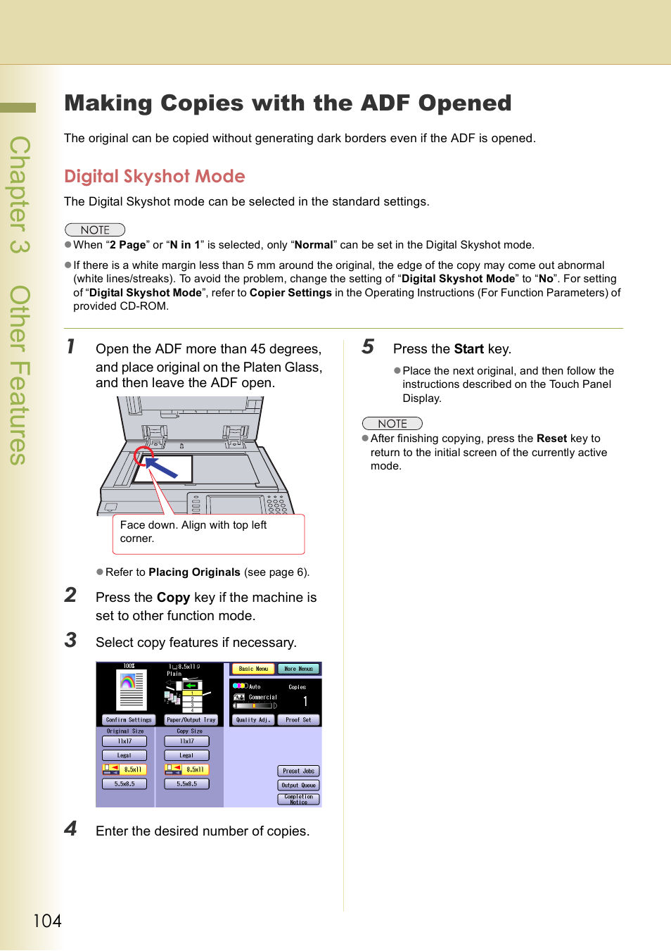 Other features, Making copies with the adf opened, Digital skyshot mode | Chapter 3 other features, Chap te r 3 oth er fea tur es | Panasonic DP-C406 User Manual | Page 104 / 112