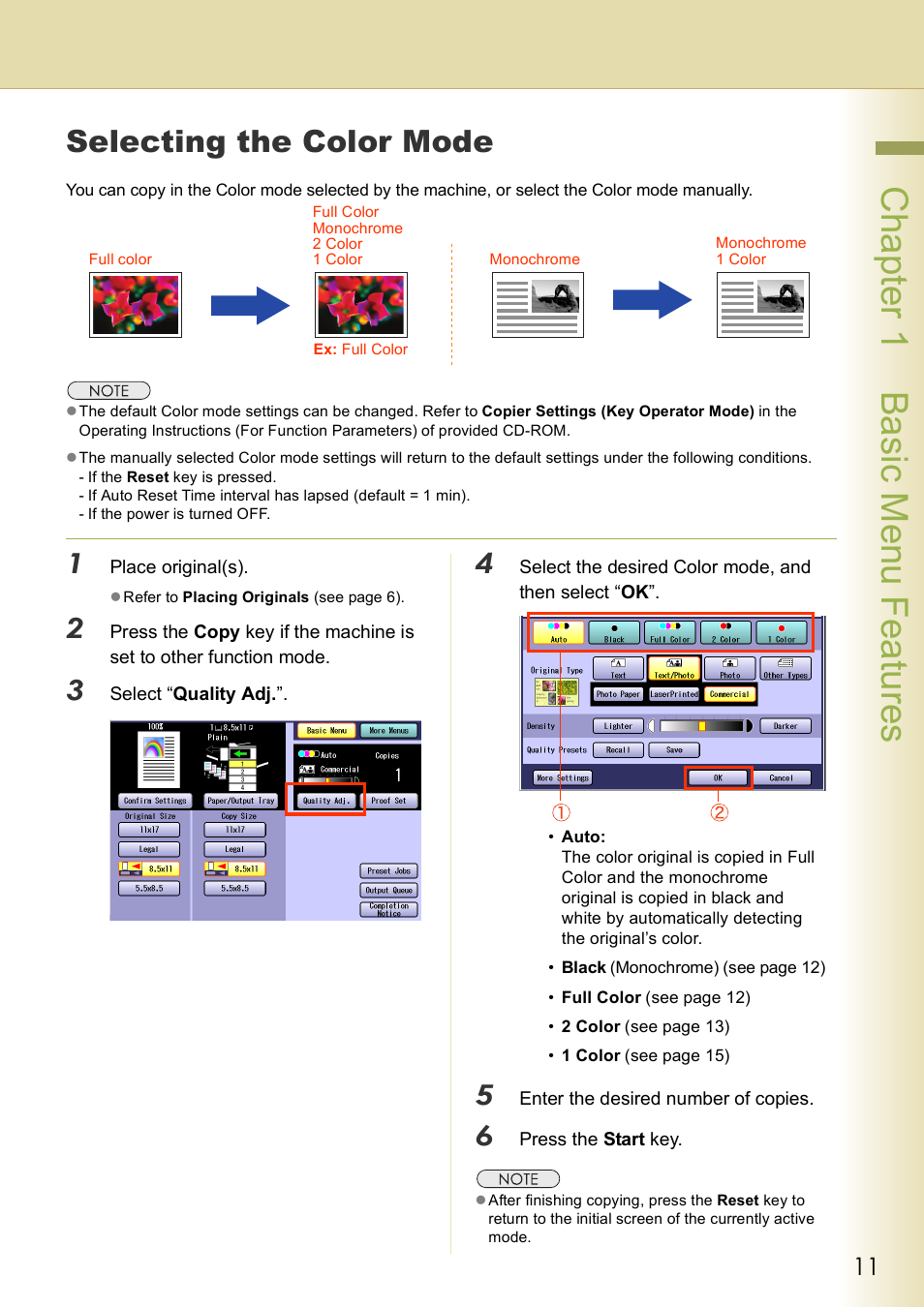 Selecting the color mode, Chap te r 1 ba sic me nu fea tur es | Panasonic DP-C406 User Manual | Page 11 / 112