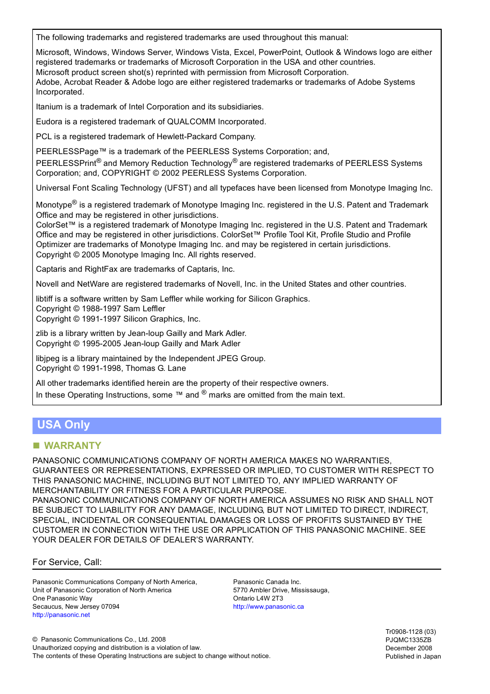 Usa only, Warranty | Panasonic DP-C406 User Manual | Page 112 / 112