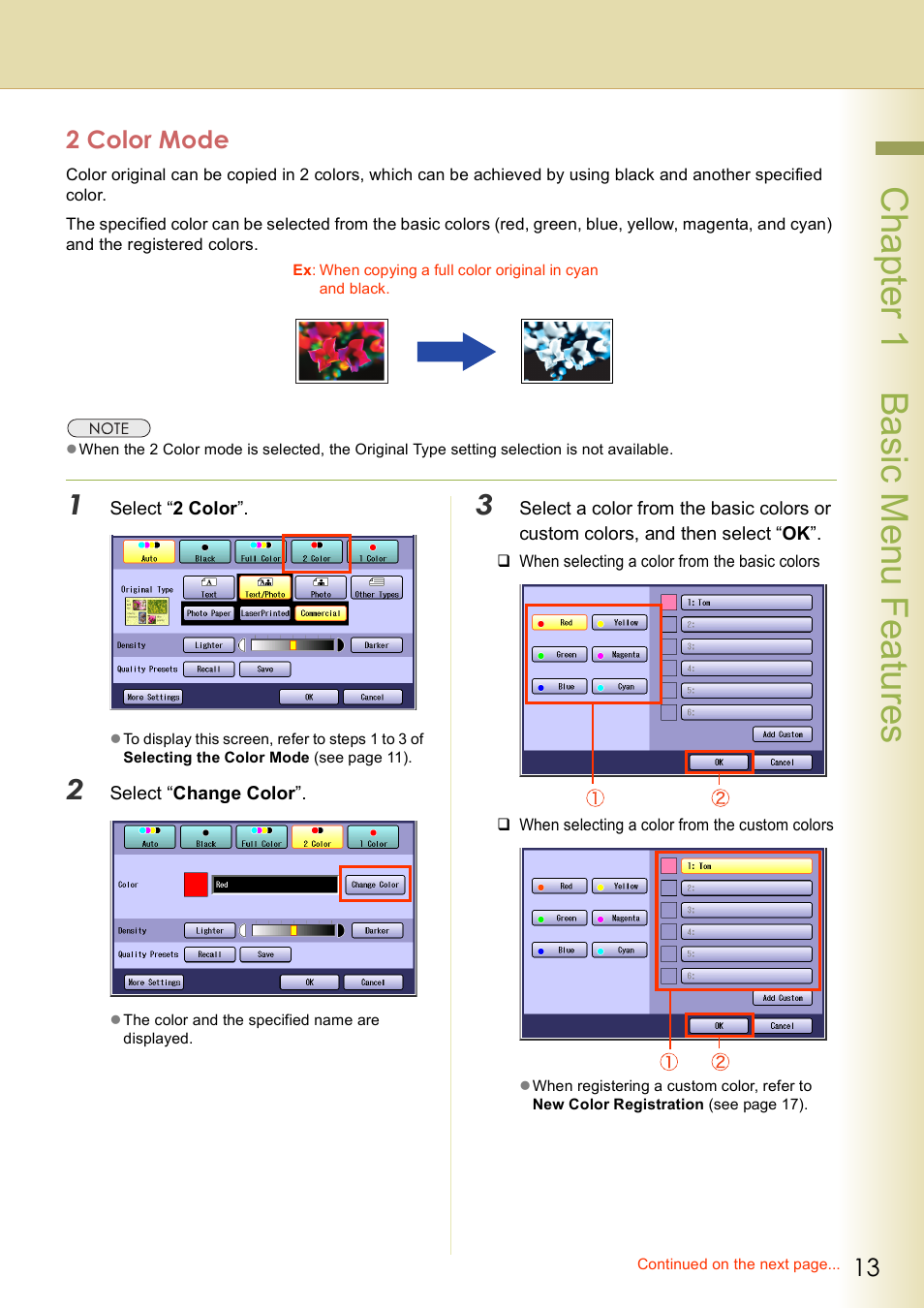 2 color mode, Chap te r 1 ba sic me nu fea tur es | Panasonic DP-C406 User Manual | Page 13 / 112