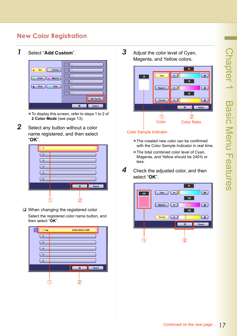 New color registration, Chap te r 1 ba sic me nu fea tur es | Panasonic DP-C406 User Manual | Page 17 / 112