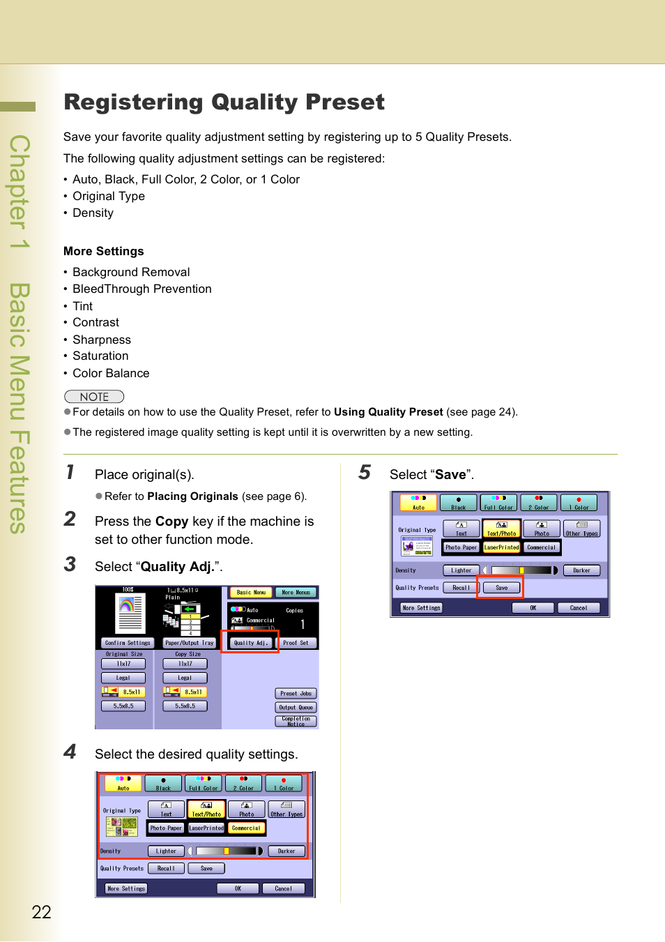 Registering quality preset, Chap te r 1 ba sic me nu fea tur es | Panasonic DP-C406 User Manual | Page 22 / 112
