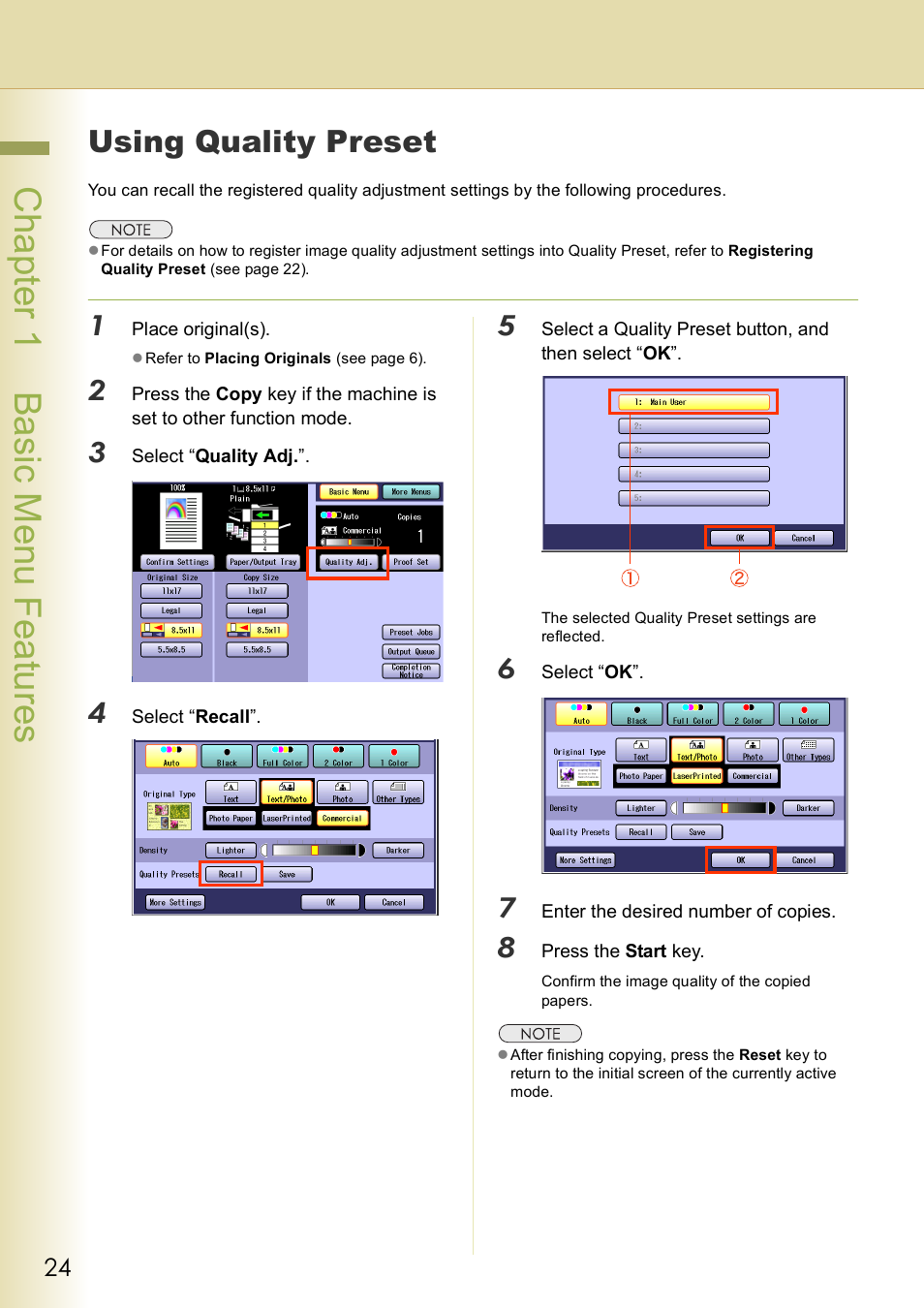 Using quality preset, Chap te r 1 ba sic me nu fea tur es | Panasonic DP-C406 User Manual | Page 24 / 112