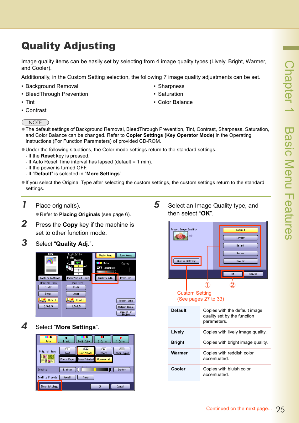 Quality adjusting, Chap te r 1 ba sic me nu fea tur es | Panasonic DP-C406 User Manual | Page 25 / 112