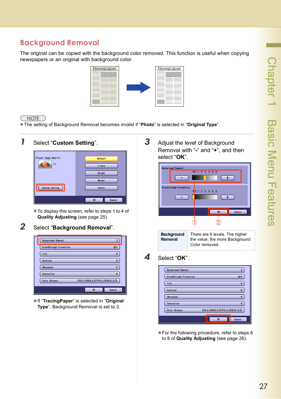 Background removal, Chap te r 1 ba sic me nu fea tur es | Panasonic DP-C406 User Manual | Page 27 / 112
