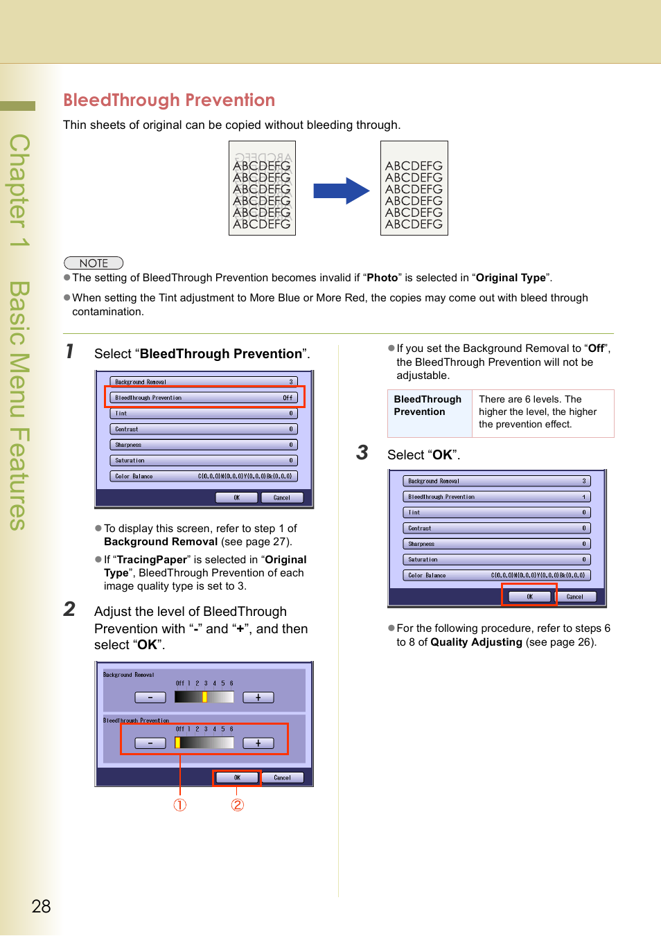 Bleedthrough prevention, Chap te r 1 ba sic me nu fea tur es | Panasonic DP-C406 User Manual | Page 28 / 112