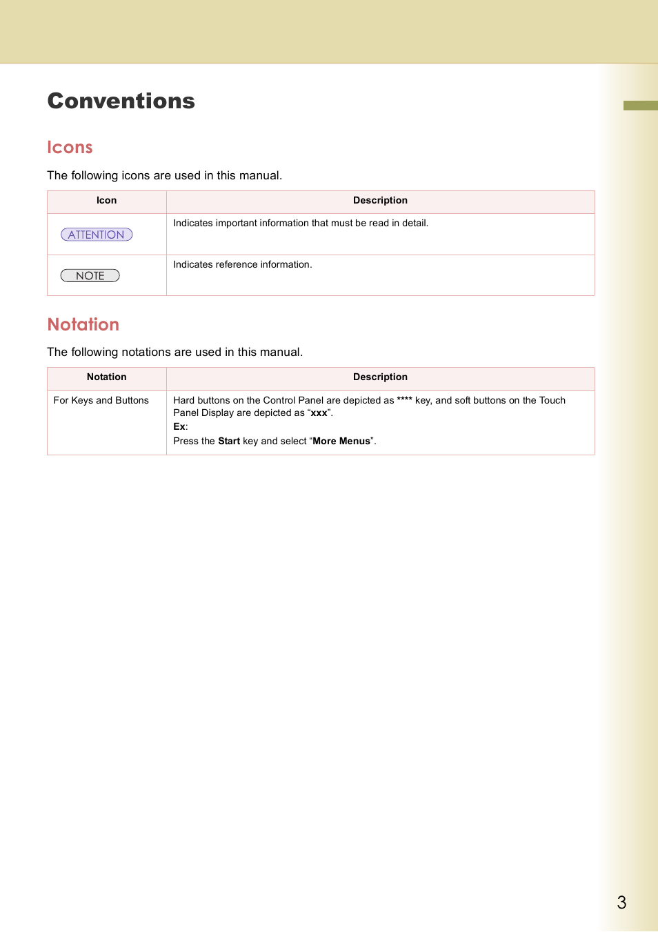 Conventions, Icons, Notation | Panasonic DP-C406 User Manual | Page 3 / 112