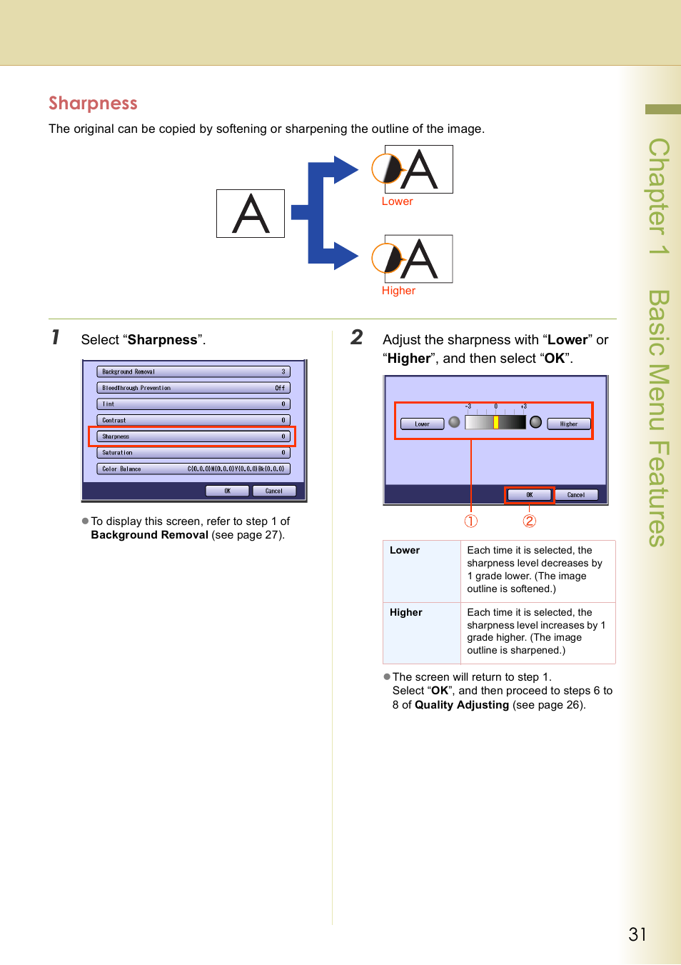 Sharpness, Chap te r 1 ba sic me nu fea tur es | Panasonic DP-C406 User Manual | Page 31 / 112