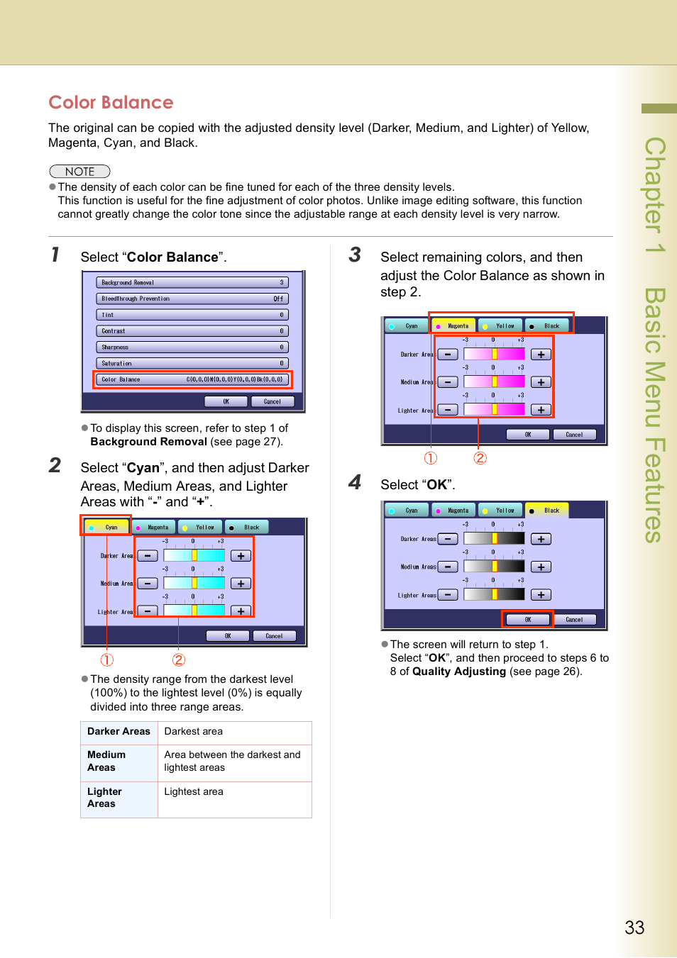 Color balance, Chap te r 1 ba sic me nu fea tur es | Panasonic DP-C406 User Manual | Page 33 / 112