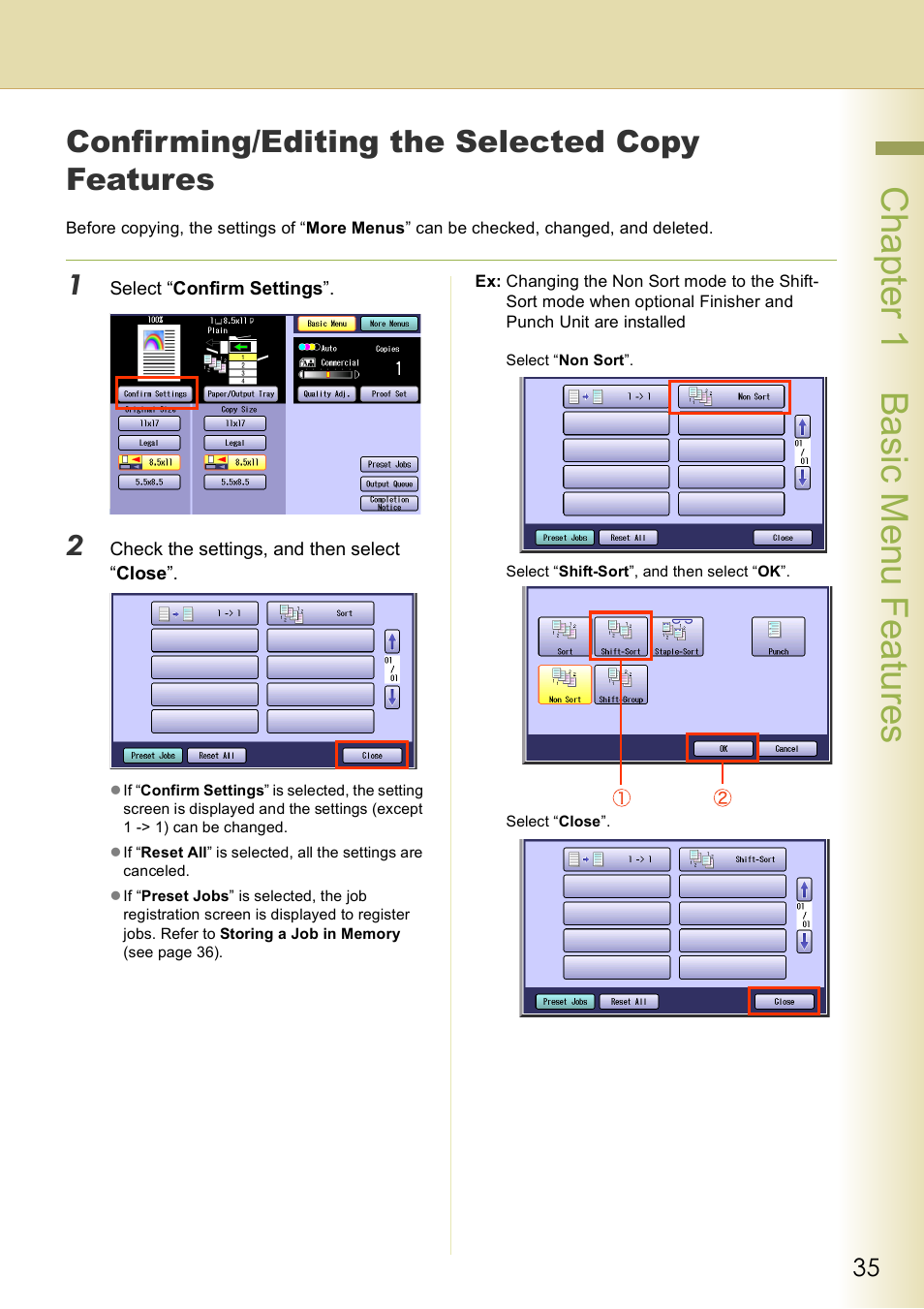 Confirming/editing the selected copy features, Chap te r 1 ba sic me nu fea tur es | Panasonic DP-C406 User Manual | Page 35 / 112