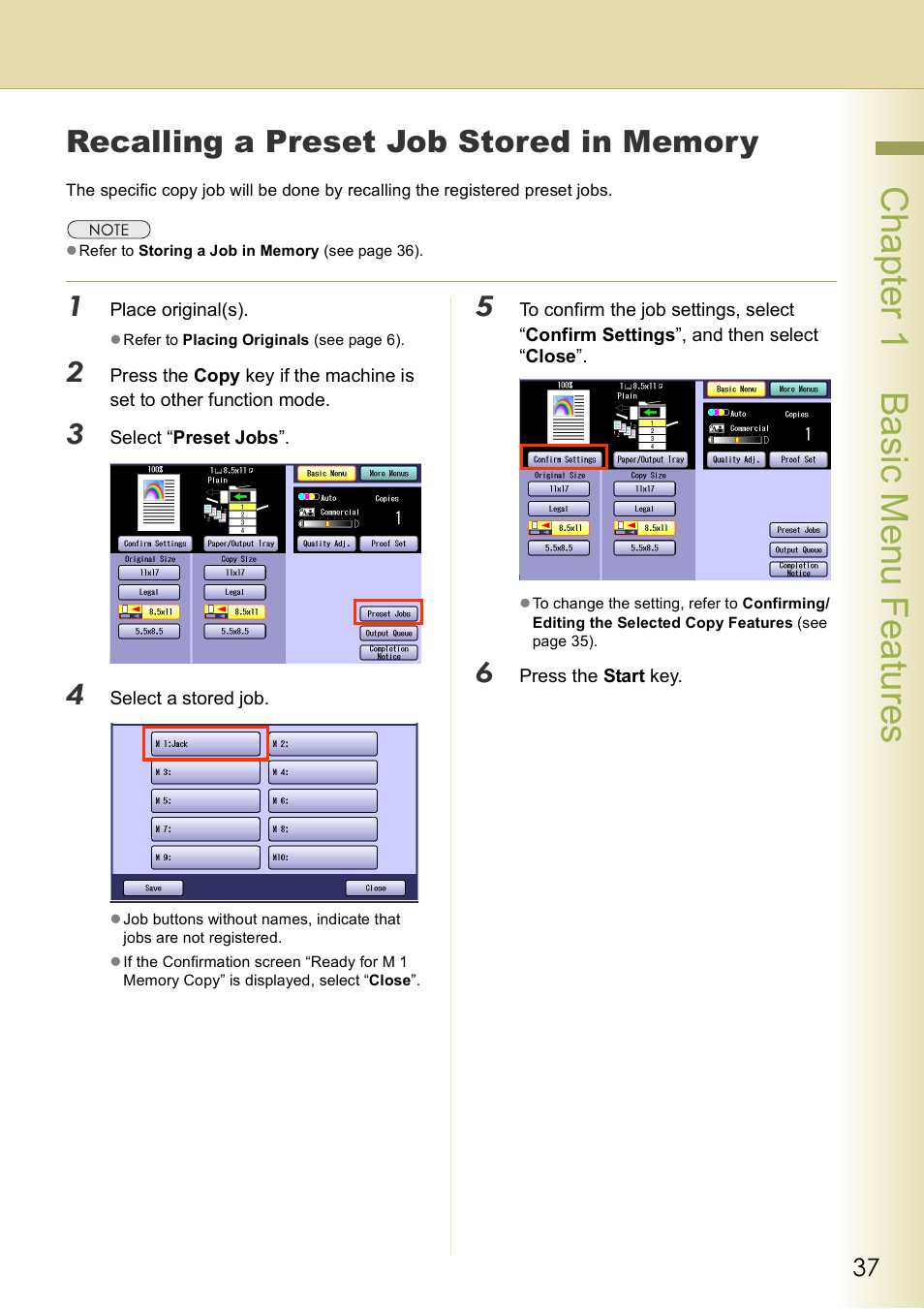 Recalling a preset job stored in memory, Chap te r 1 ba sic me nu fea tur es | Panasonic DP-C406 User Manual | Page 37 / 112