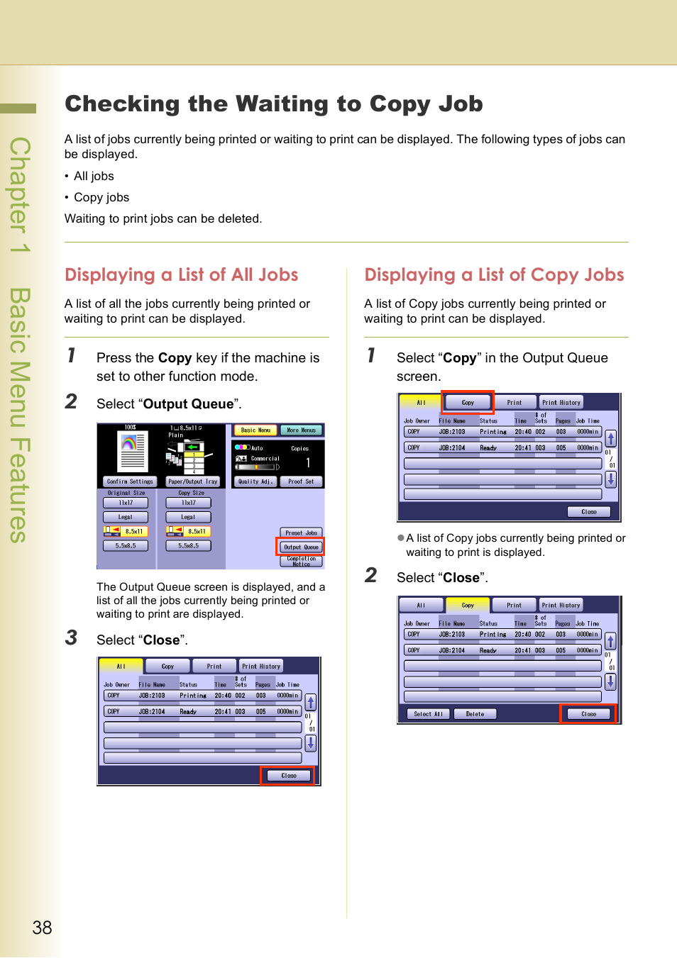 Checking the waiting to copy job, Displaying a list of all jobs, Displaying a list of copy jobs | Chap te r 1 ba sic me nu fea tur es | Panasonic DP-C406 User Manual | Page 38 / 112