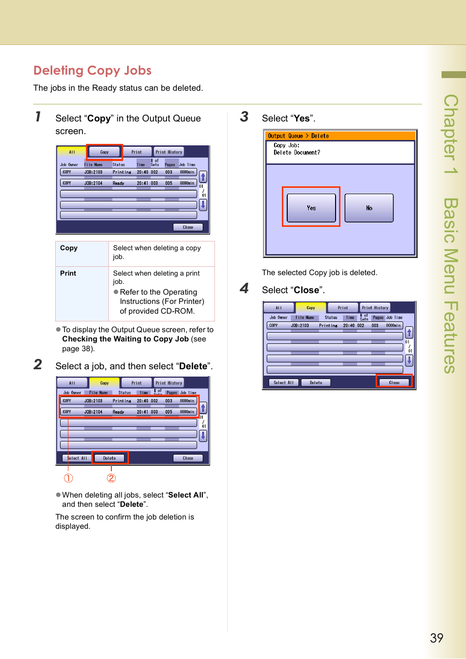 Deleting copy jobs, Chap te r 1 ba sic me nu fea tur es | Panasonic DP-C406 User Manual | Page 39 / 112