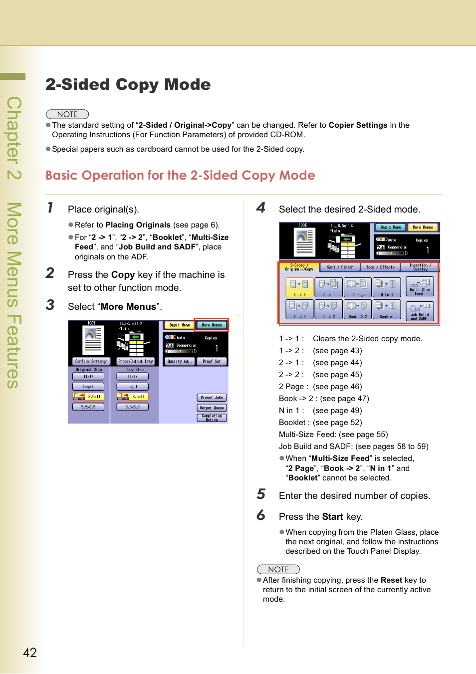 More menus features, Sided copy mode, Basic operation for the 2-sided copy mode | Chapter 2 more menus features, 42 t, Nd 42, Chap te r 2 mo re m e nu s f eat ur es | Panasonic DP-C406 User Manual | Page 42 / 112