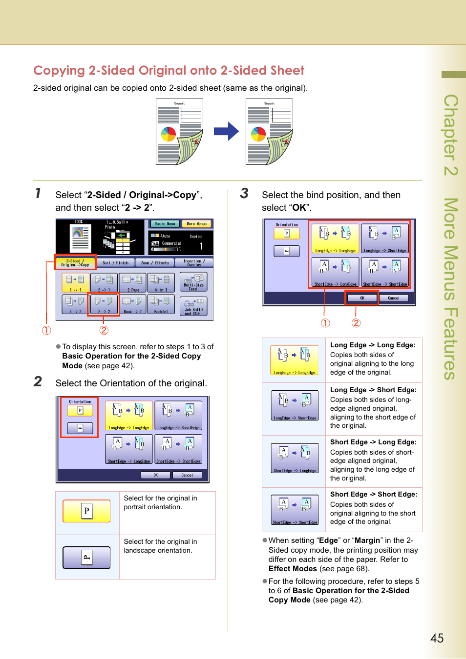 Copying 2-sided original onto 2-sided sheet, Chap te r 2 mo re m e nu s f eat ur es | Panasonic DP-C406 User Manual | Page 45 / 112