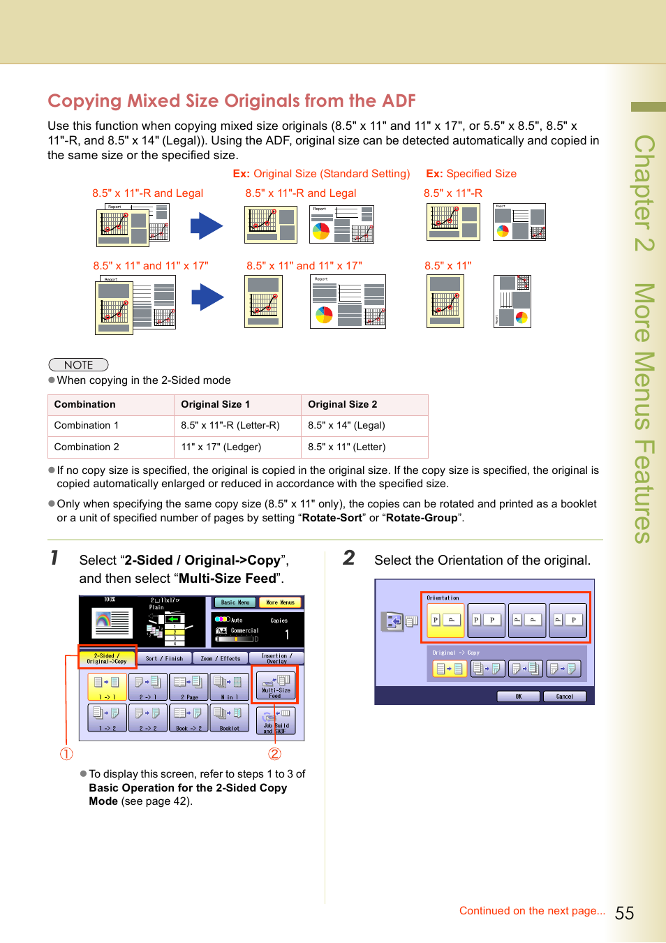 Copying mixed size originals from the adf, Chap te r 2 mo re m e nu s f eat ur es | Panasonic DP-C406 User Manual | Page 55 / 112