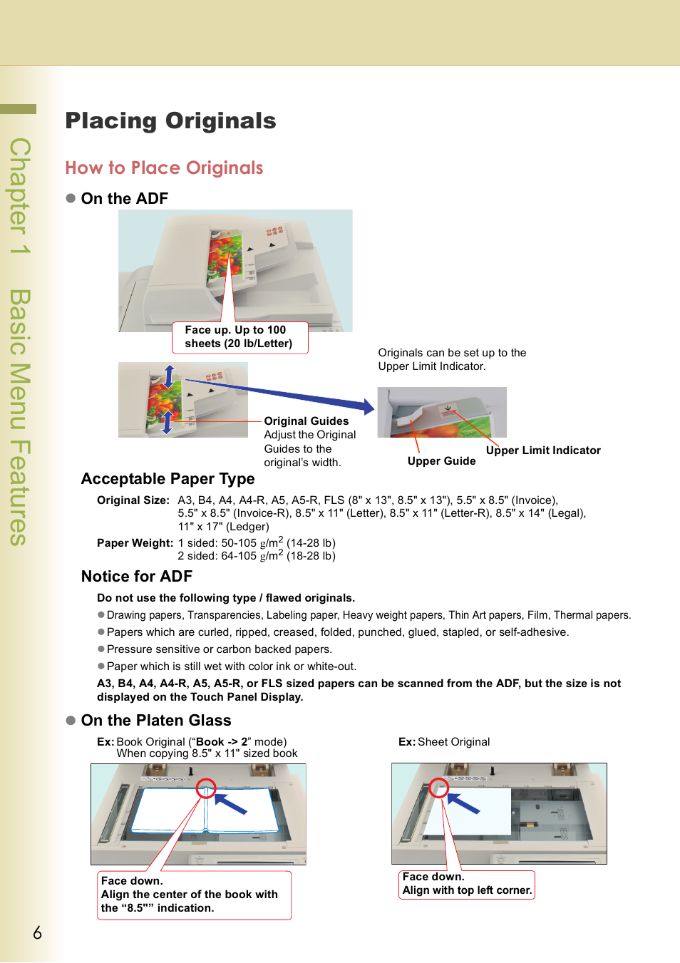 Basic menu features, Placing originals, How to place originals | Chapter 1 basic menu features, Chap te r 1 ba sic me nu fea tur es | Panasonic DP-C406 User Manual | Page 6 / 112