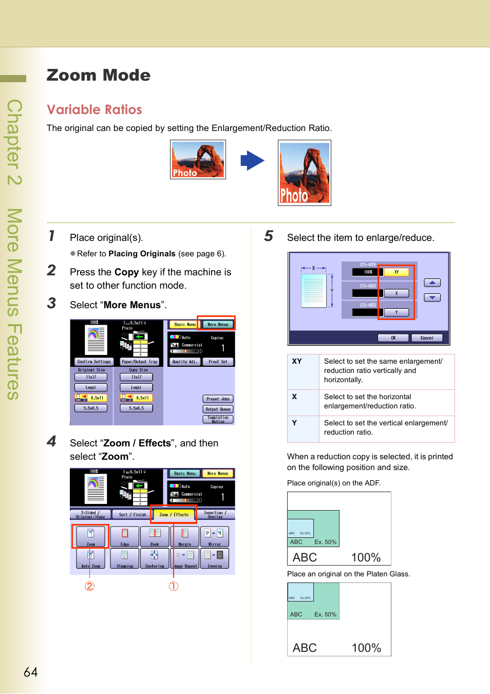 Zoom mode, Variable ratios, Chap te r 2 mo re m e nu s f eat ur es | Panasonic DP-C406 User Manual | Page 64 / 112