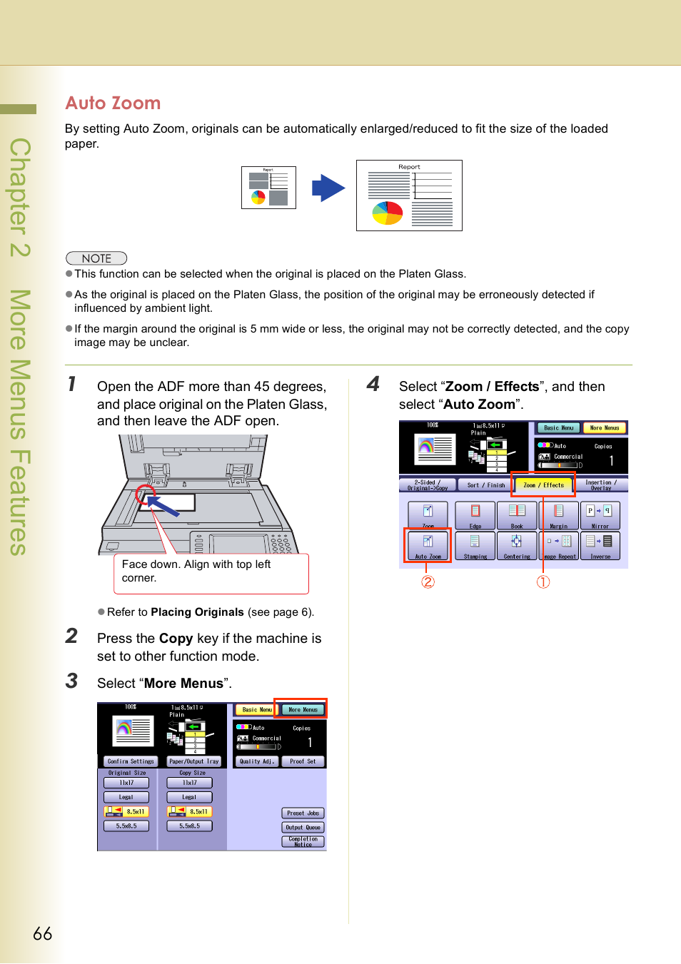 Auto zoom, Chap te r 2 mo re m e nu s f eat ur es | Panasonic DP-C406 User Manual | Page 66 / 112