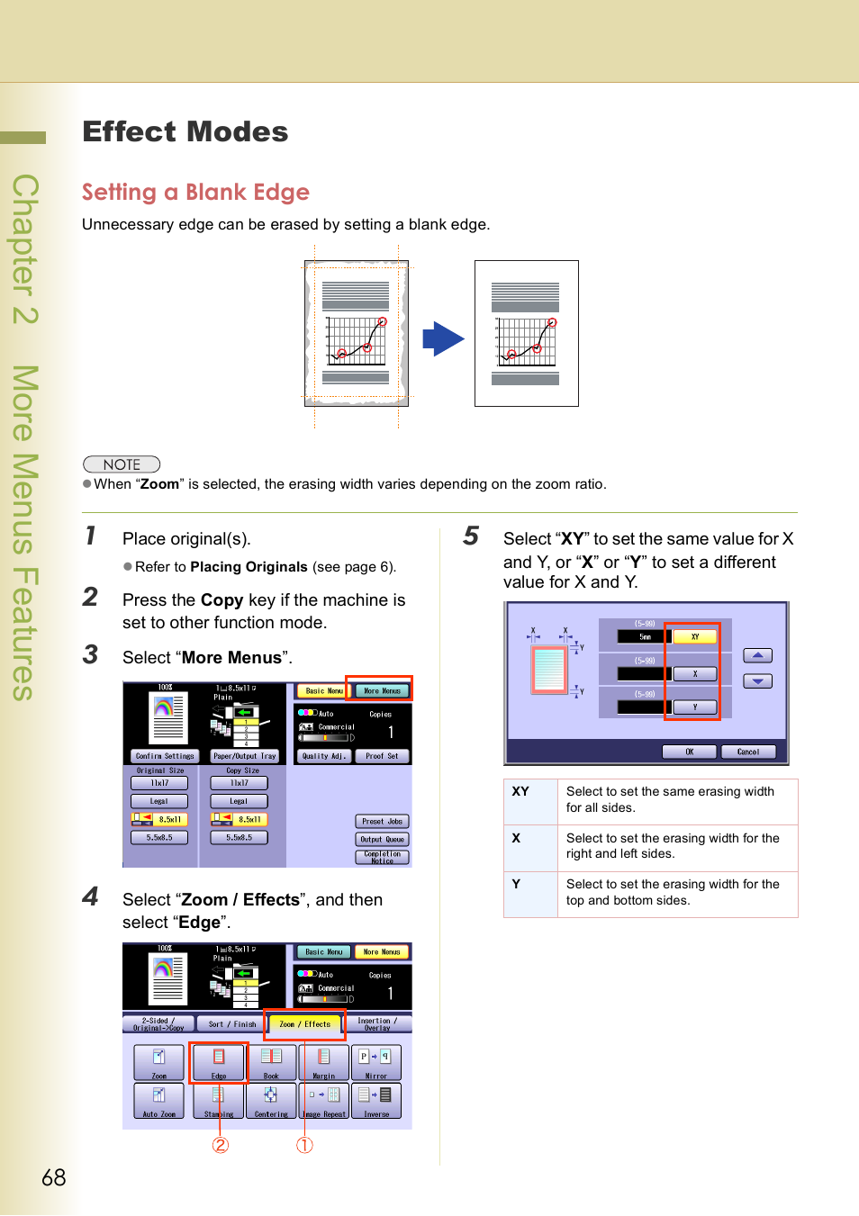 Effect modes, Setting a blank edge, Chap te r 2 mo re m e nu s f eat ur es | Panasonic DP-C406 User Manual | Page 68 / 112