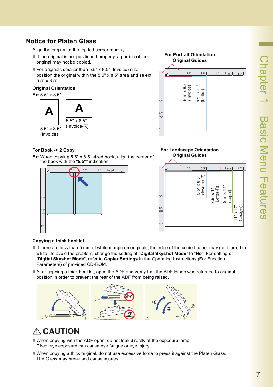 Chap te r 1 ba sic me nu fea tur es, Caution, Notice for platen glass | Panasonic DP-C406 User Manual | Page 7 / 112