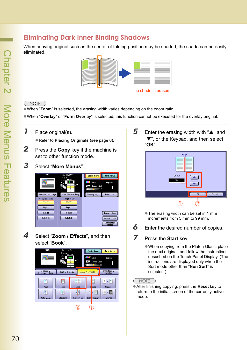 Eliminating dark inner binding shadows, Chap te r 2 mo re m e nu s f eat ur es | Panasonic DP-C406 User Manual | Page 70 / 112