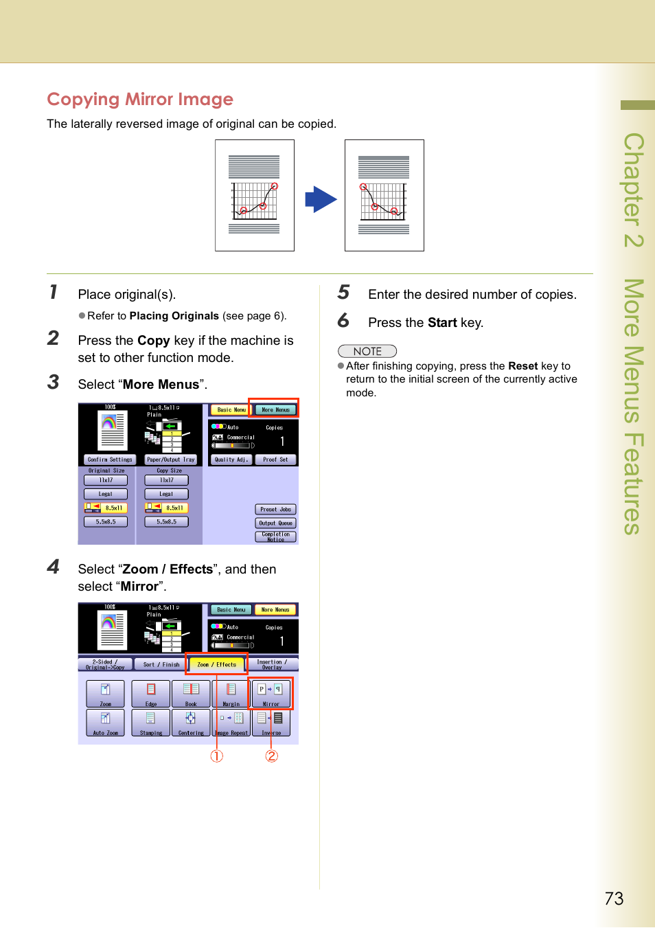 Copying mirror image, Chap te r 2 mo re m e nu s f eat ur es | Panasonic DP-C406 User Manual | Page 73 / 112