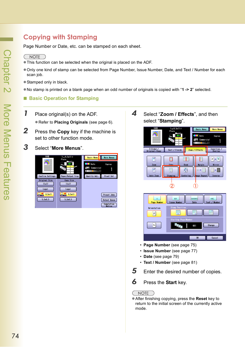 Copying with stamping, Chap te r 2 mo re m e nu s f eat ur es | Panasonic DP-C406 User Manual | Page 74 / 112