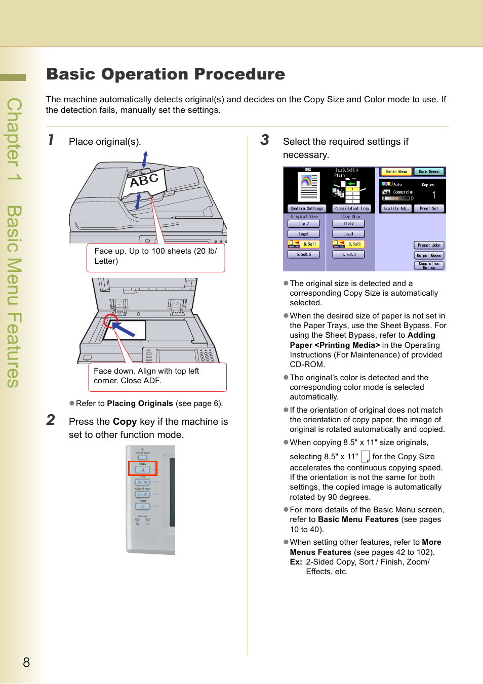 Basic operation procedure, Chap te r 1 ba sic me nu fea tur es | Panasonic DP-C406 User Manual | Page 8 / 112
