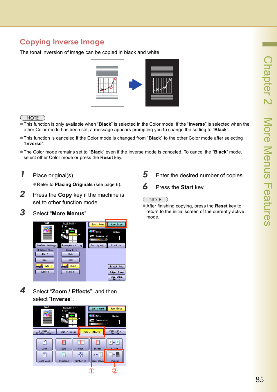 Copying inverse image, Chap te r 2 mo re m e nu s f eat ur es | Panasonic DP-C406 User Manual | Page 85 / 112
