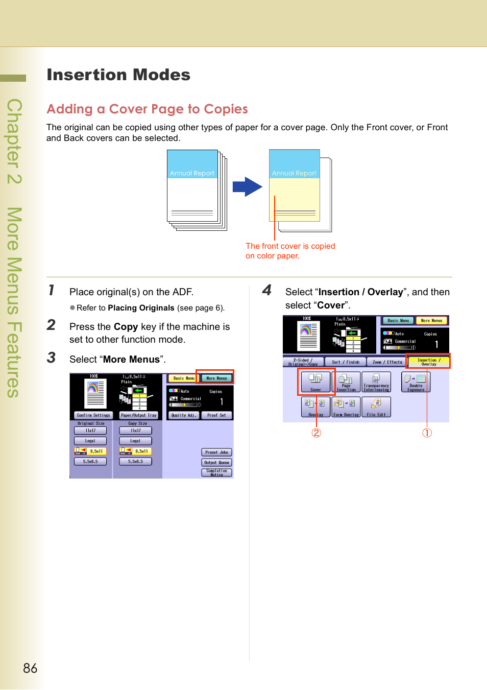 Insertion modes, Chap te r 2 mo re m e nu s f eat ur es | Panasonic DP-C406 User Manual | Page 86 / 112