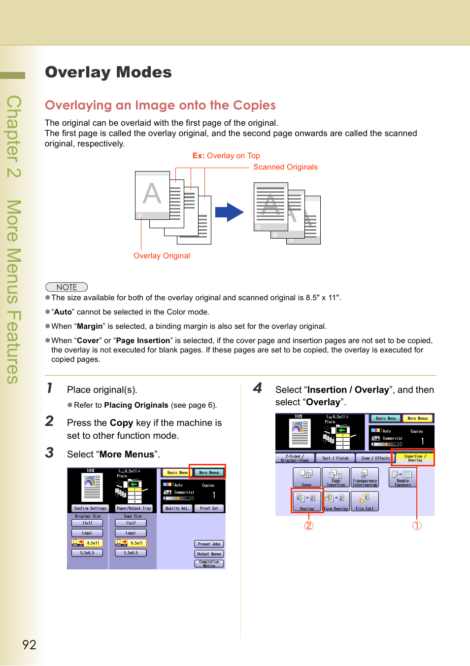Overlay modes, Overlaying an image onto the copies, Chap te r 2 mo re m e nu s f eat ur es | Panasonic DP-C406 User Manual | Page 92 / 112
