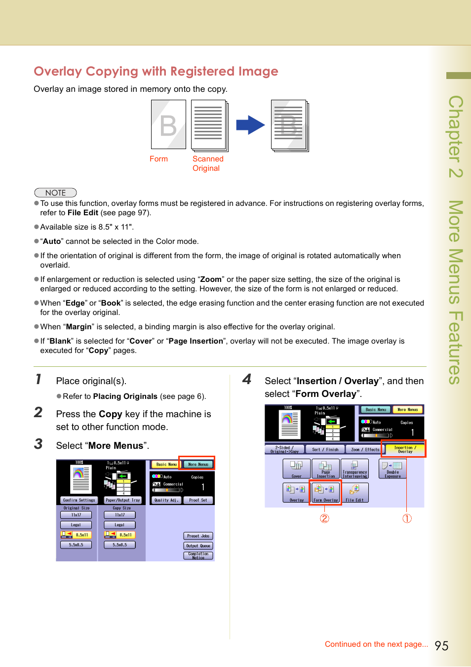 Overlay copying with registered image, Chap te r 2 mo re m e nu s f eat ur es | Panasonic DP-C406 User Manual | Page 95 / 112