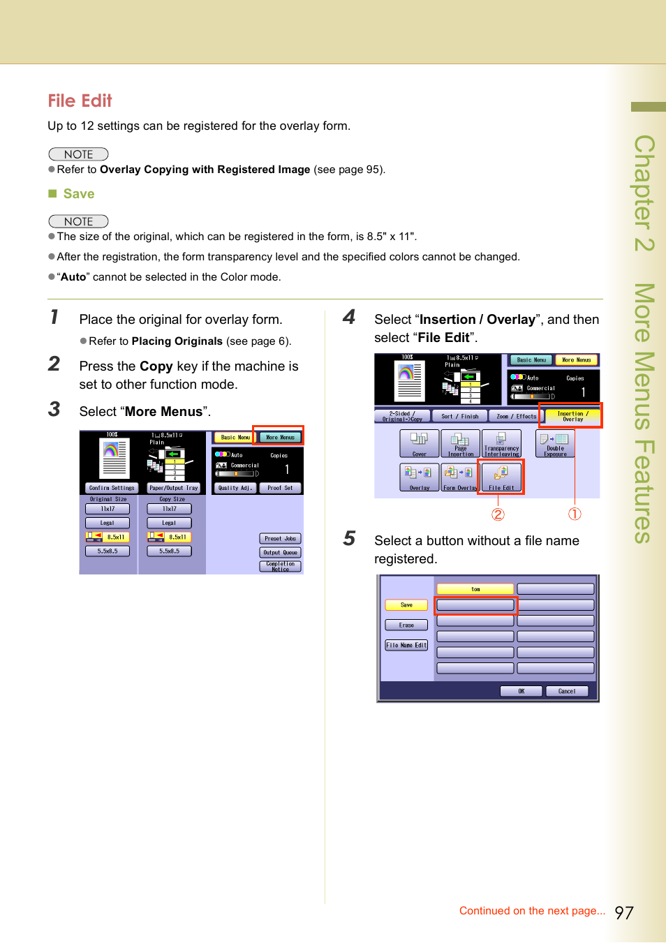 File edit, Chap te r 2 mo re m e nu s f eat ur es | Panasonic DP-C406 User Manual | Page 97 / 112