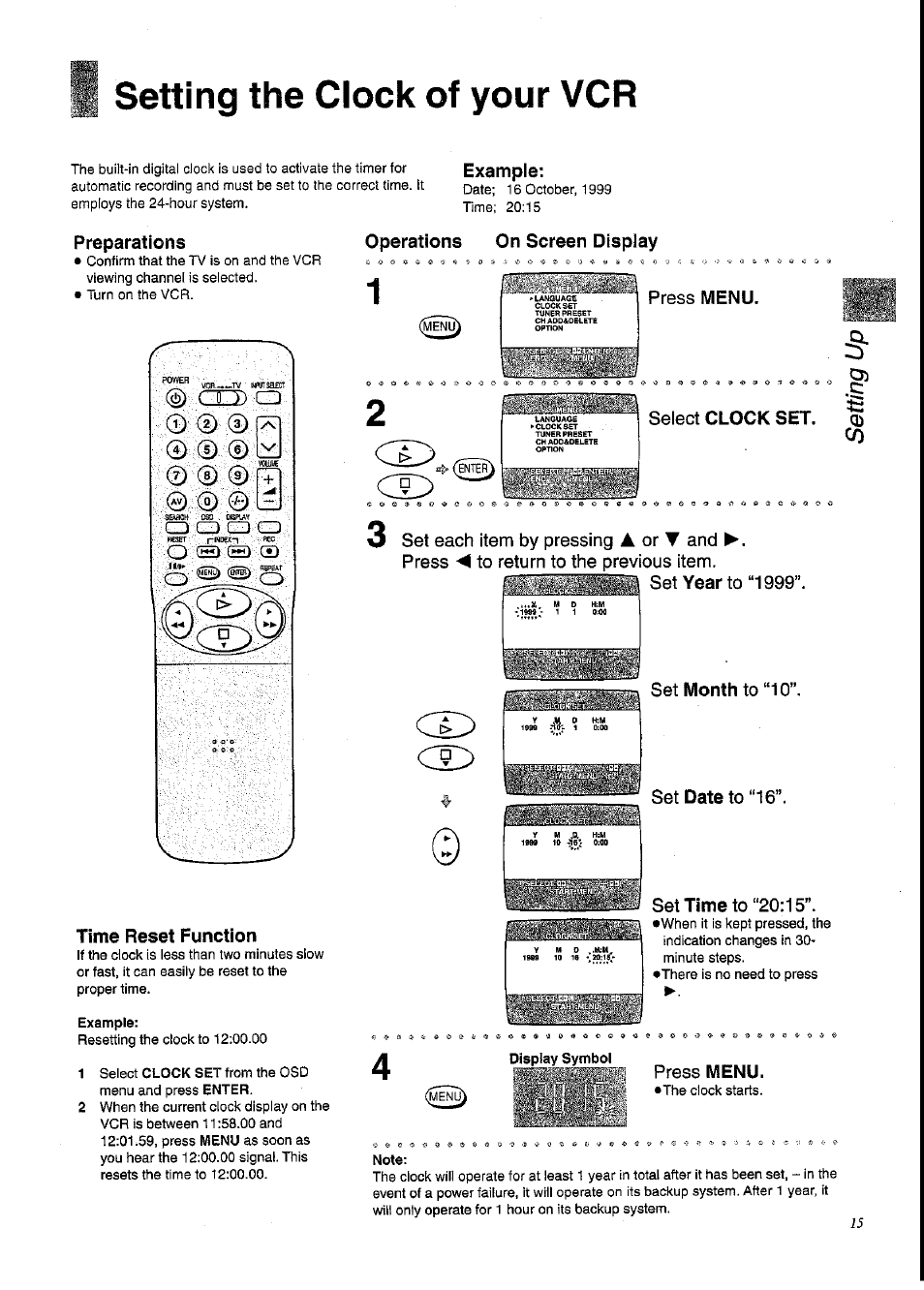 Setting the clock of your vcr, Preparations, Time reset function | Operations, Example, On screen display, Press menu, Select clock set, 3 set each item by pressing a or t and, Press ◄ to return to the previous item | Panasonic NV-SD230A User Manual | Page 15 / 32